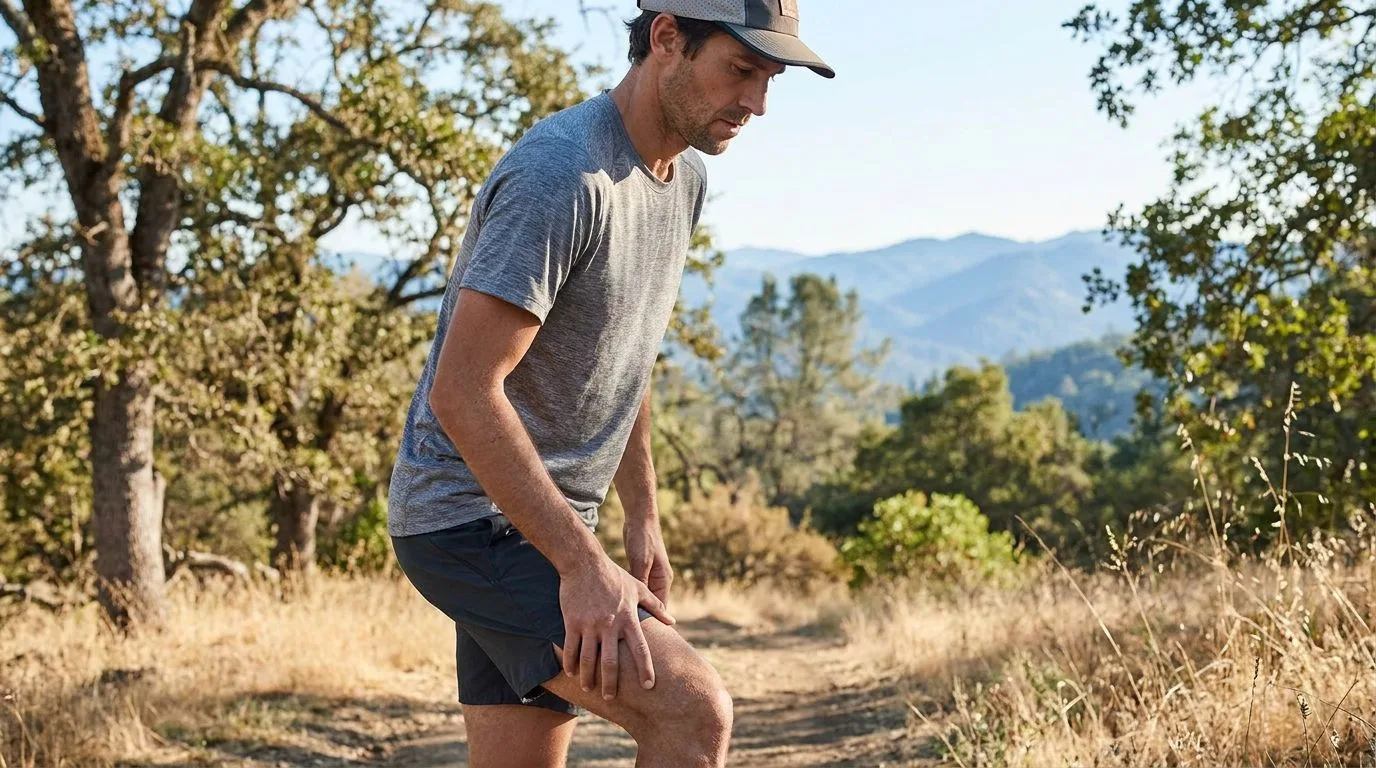 Coureur tenant la face externe de son genou pendant une pause, douleur au genou extérieur