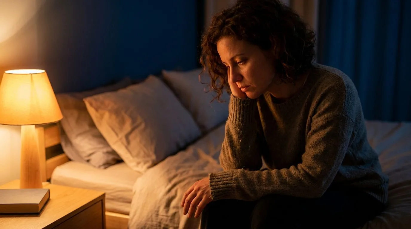 Personne assise sur son lit la nuit, tenant son genou douloureux
